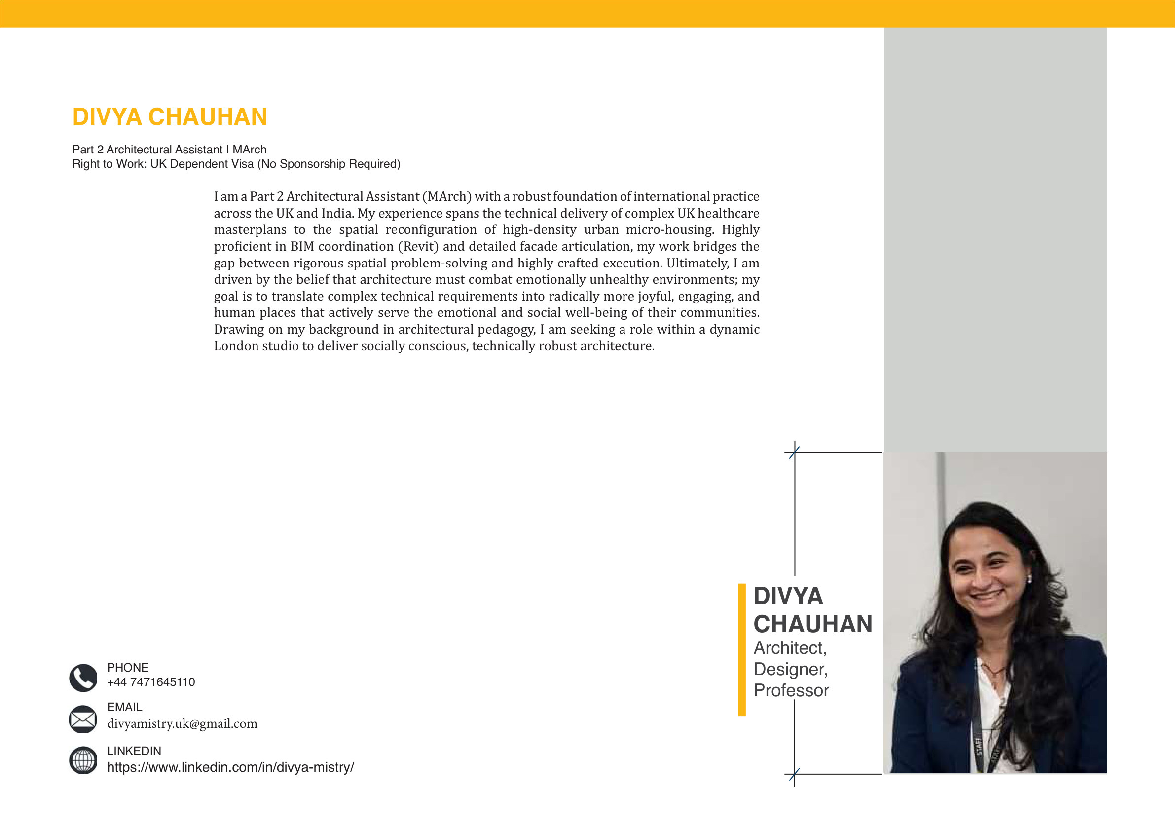 Profile page with Divya Chauhan portrait and contact information