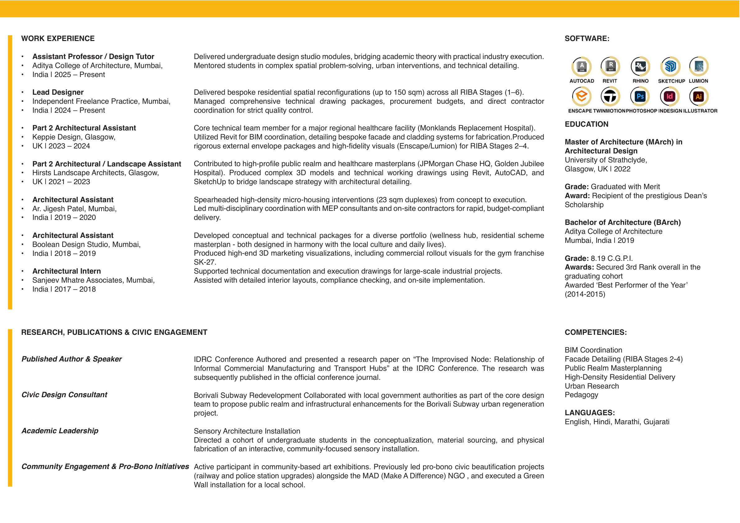Education, experience, competencies and software portfolio page